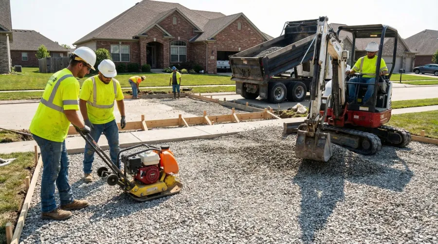 Driveway installation showing proper base preparation and material placement