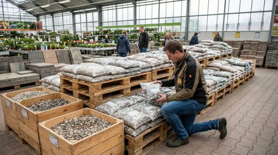 Customer examining gravel bags at store display