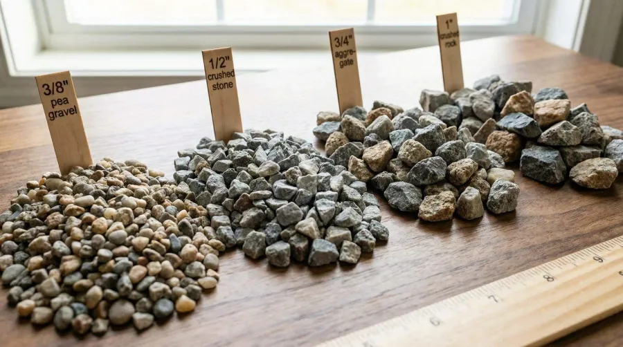 Close-up comparison of different crushed rock sizes from 3/8 inch to 1 inch