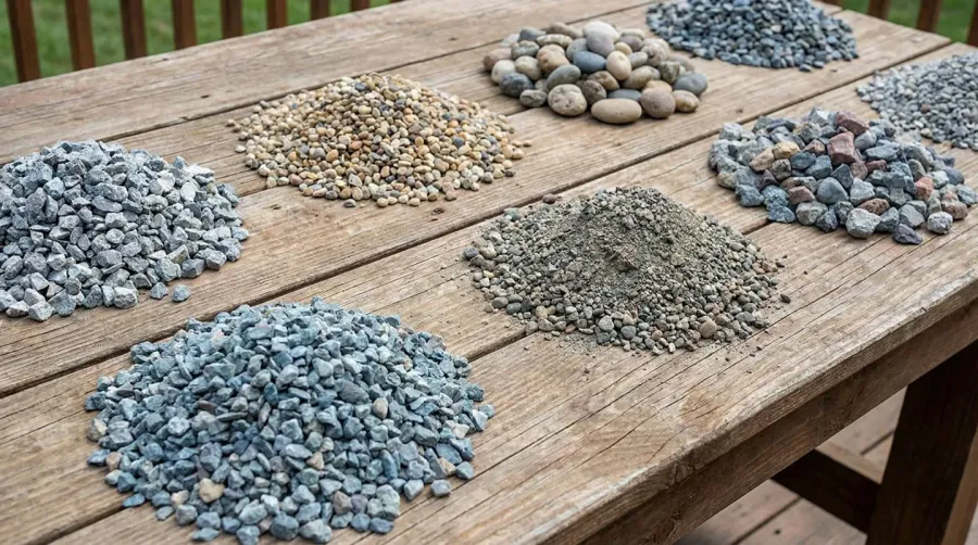 Different types of gravel samples for deck base construction, showing various gravel sizes and textures