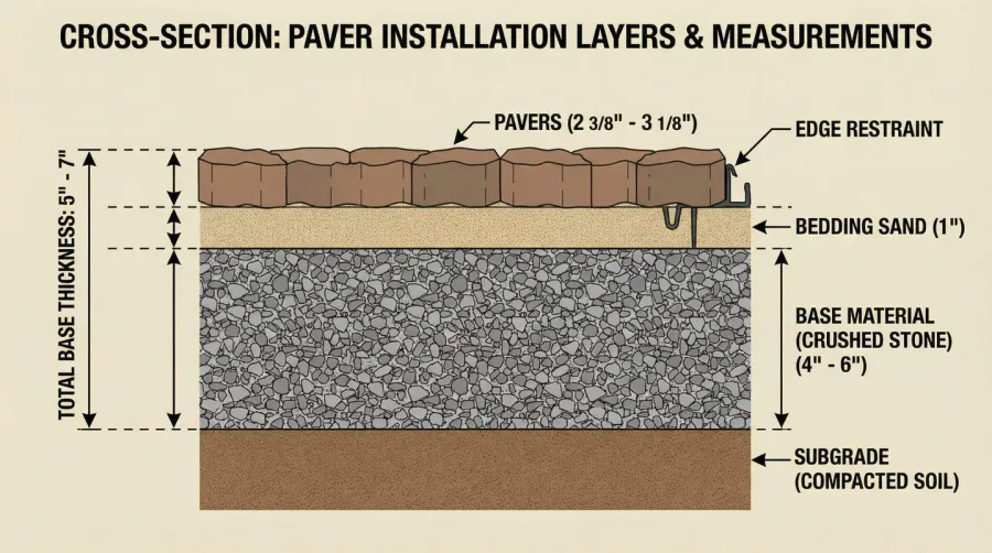 Cross-section diagram showing layers of paver installation with measurements for base thickness