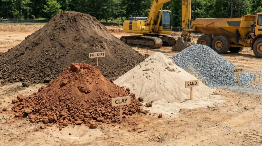 Different types of fill dirt clay sand gravel piles