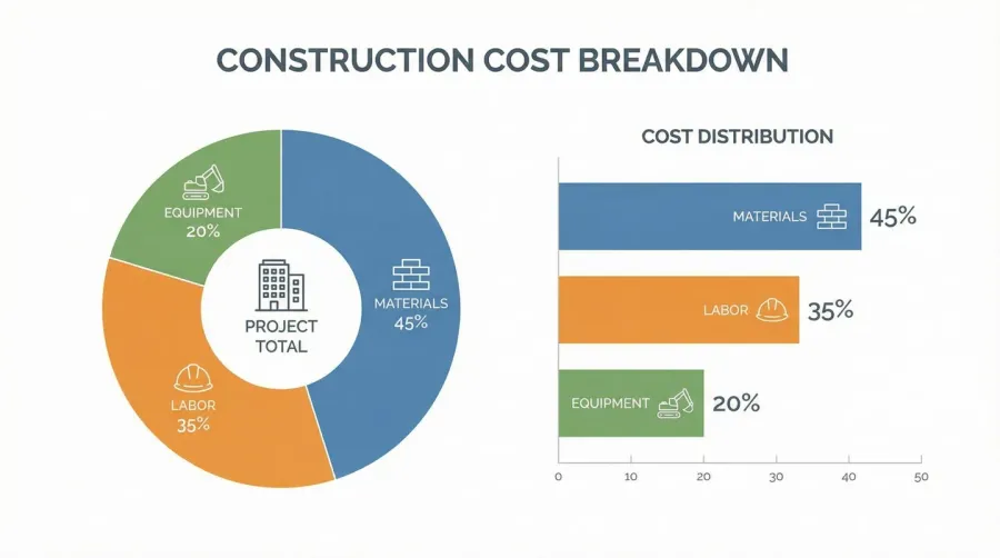 Construction cost breakdown chart showing labor, materials, and equipment percentages