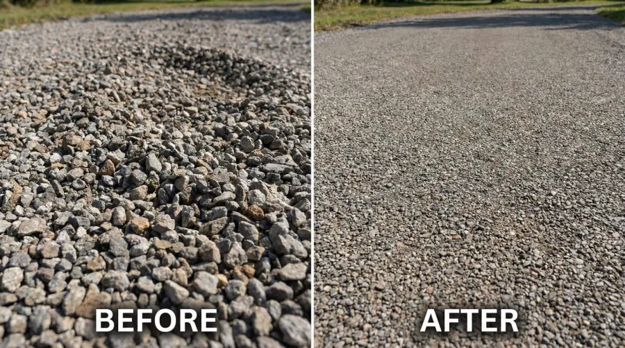 Before and after gravel compaction showing density difference