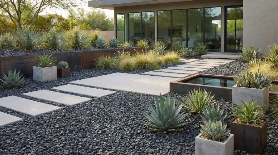 Modern black gravel landscaping design with plants