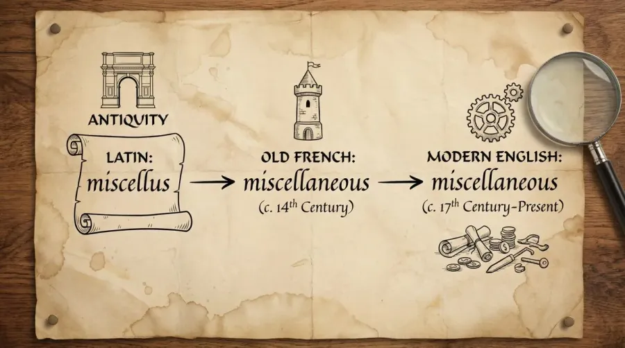 Etymology diagram showing the evolution from Latin miscellus to modern miscellaneous with visual timeline