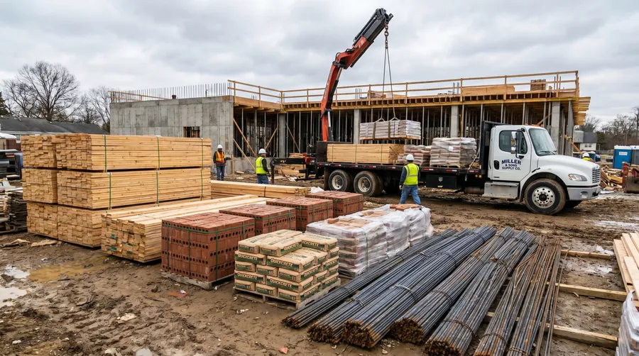 construction materials stacked on job site with delivery truck