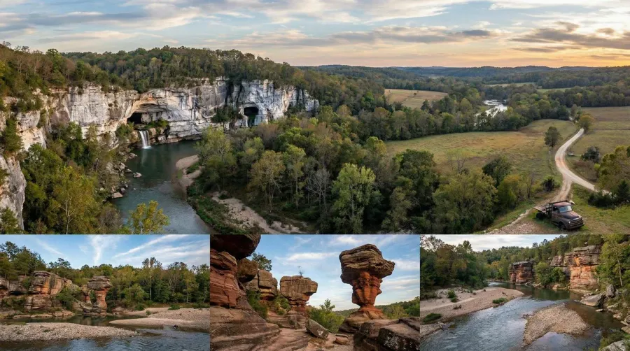 Alabama landscape showing diverse rock formations including limestone cliffs, sandstone outcrops, and gravel deposits across rolling hills