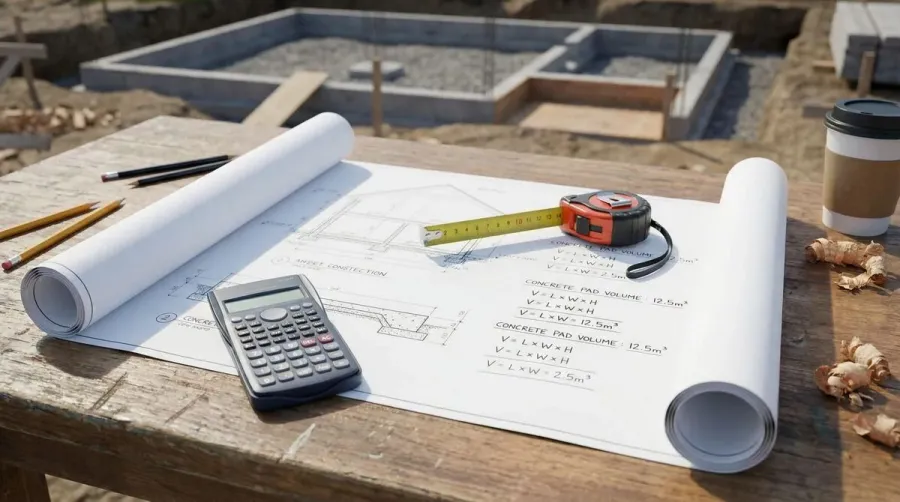 calculator and measuring tape on construction plans showing volume calculations