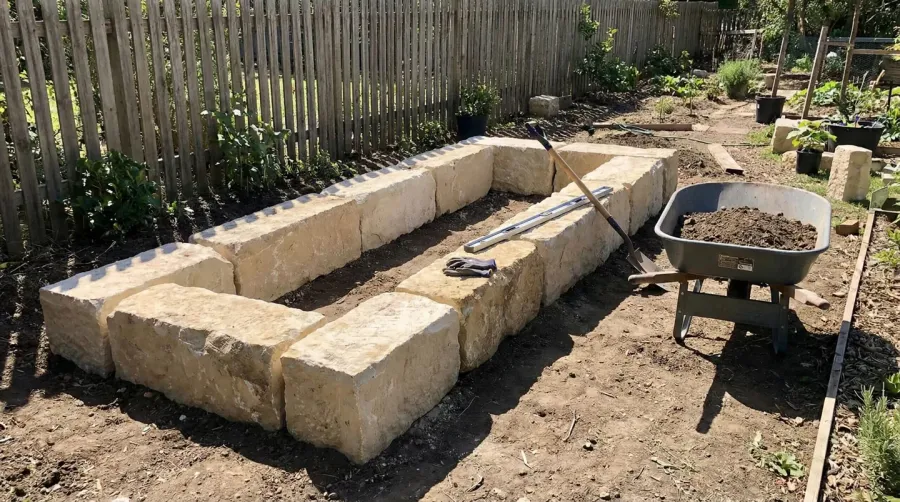Limestone blocks stacked for garden bed construction