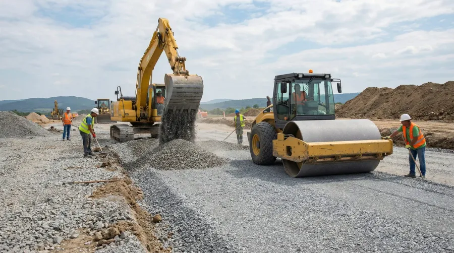 Gravel fill installation process with construction equipment
