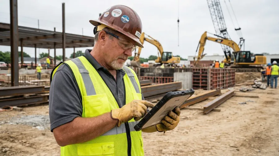 Construction contractor using tablet on jobsite with digital tools