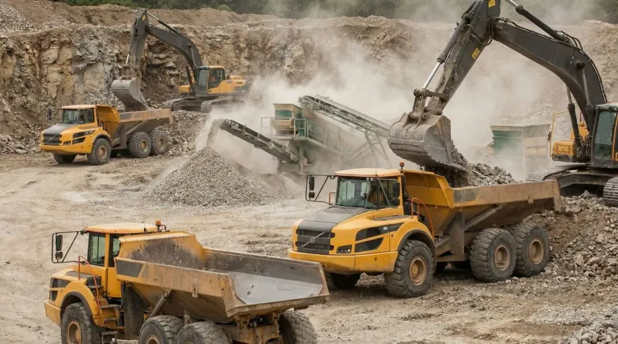 Transportation trucks loading rock materials at quarry site