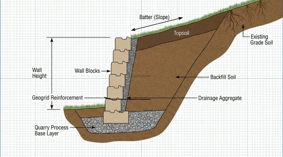 Retaining wall cross-section showing river rock and crushed stone layers