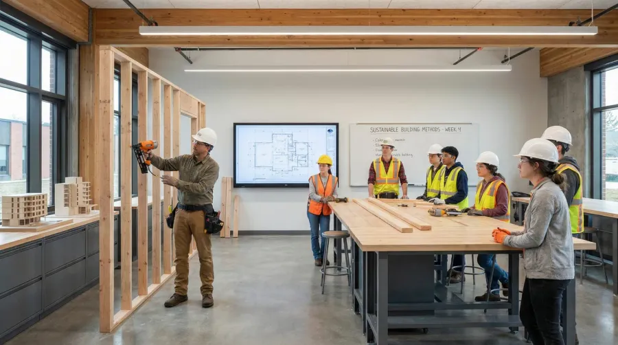 Students learning construction techniques in classroom