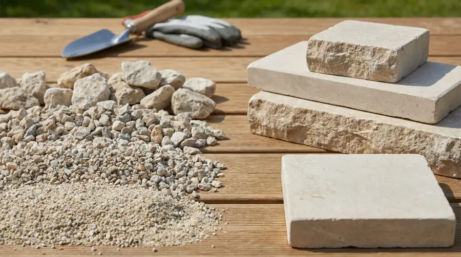 Different limestone sizes comparison showing crushed versus pavers