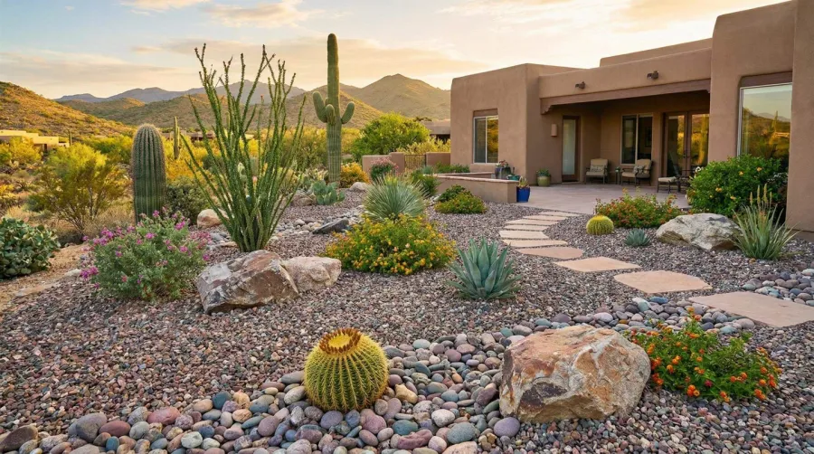 Arizona desert landscape with beautiful gravel yard featuring native plants and decorative stones