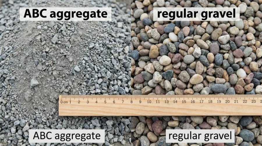 Close-up comparison of ABC aggregate vs regular gravel showing particle size differences