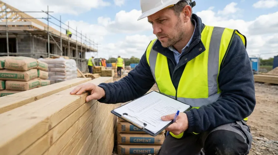 Contractor examining building materials with checklist in hand