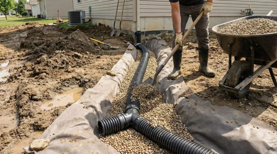 Installation photo showing proper pea gravel layering technique in French drain trench
