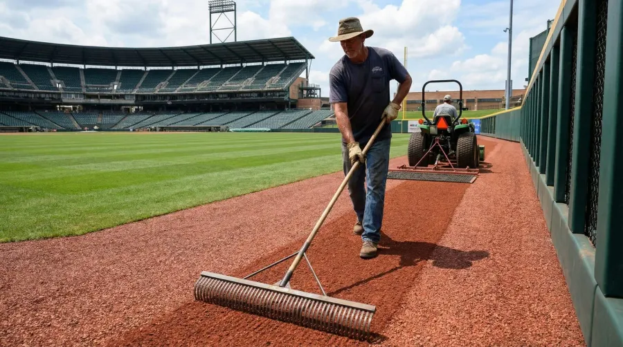 Baseball field warning track maintenance with raking and grooming