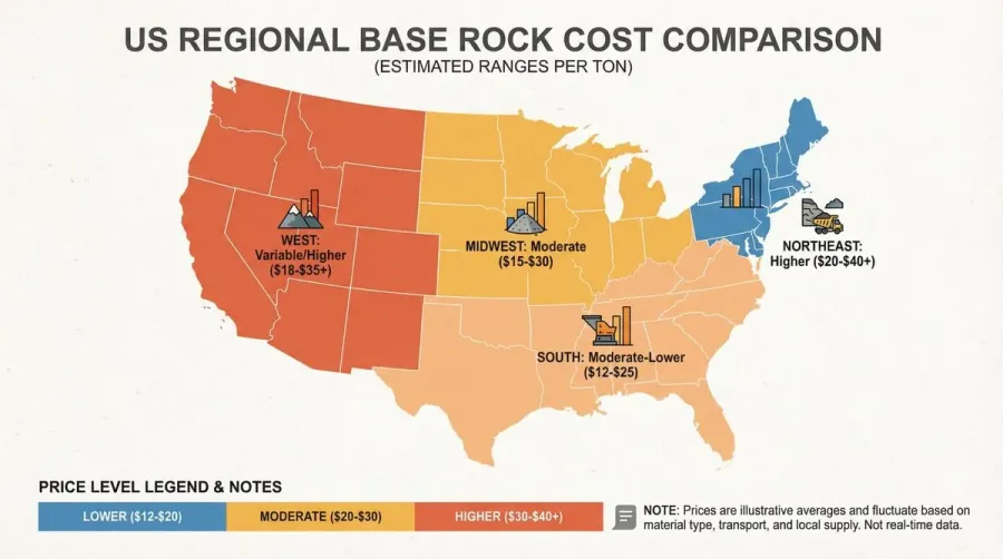 Regional price comparison map or chart showing base rock costs across different US regions