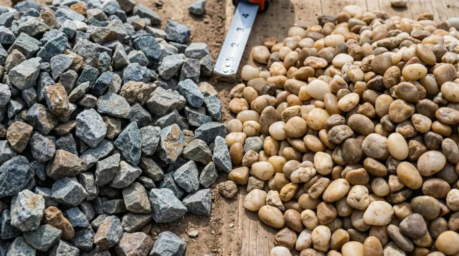 Close-up comparison of crushed stone versus pea gravel