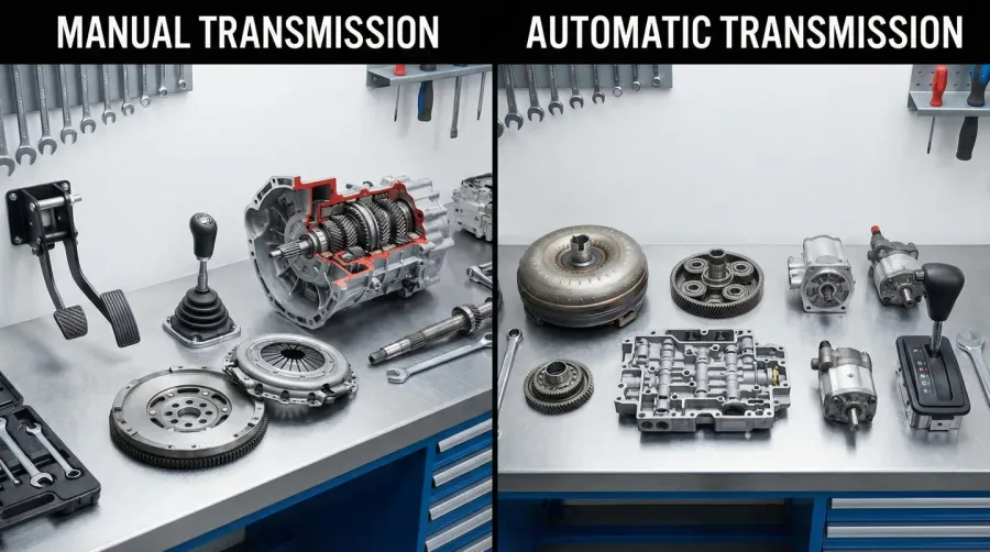 Side by side comparison of manual and automatic transmission components