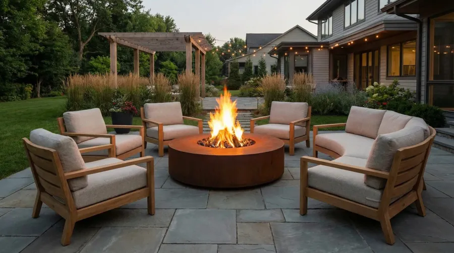 Modern slate patio with circular fire pit surrounded by comfortable seating
