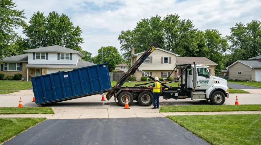 Roll-off driver positioning dumpster container in residential area