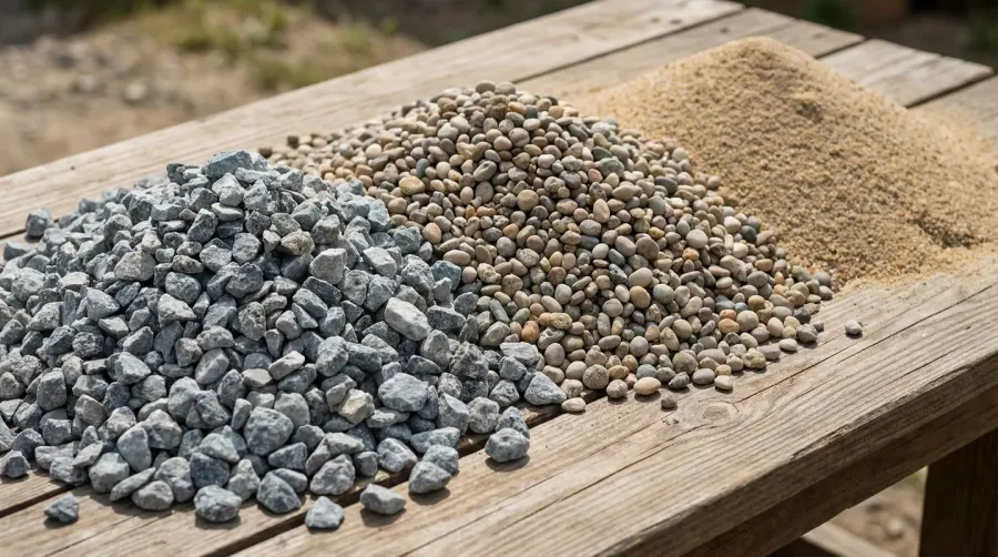 Various construction aggregates comparison including crushed stone, gravel, and sand