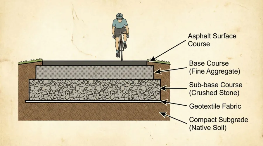 Cross-section diagram showing proper bike path construction layers with base preparation and surface materials