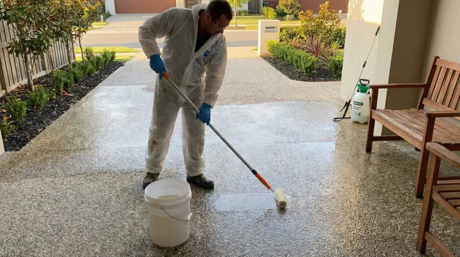 Applying sealer to exposed aggregate concrete surface