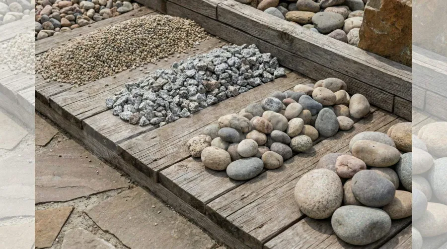 Different types of landscape rocks arranged by size and texture