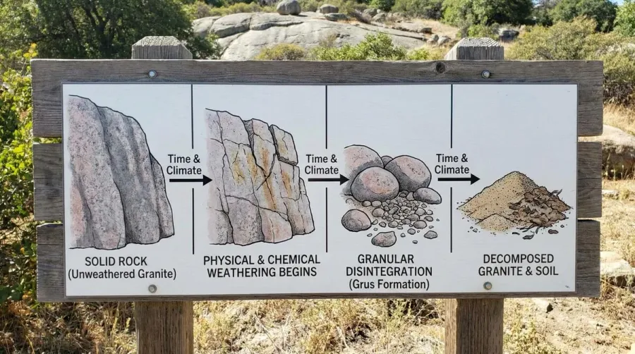 Natural granite weathering process showing formation stages