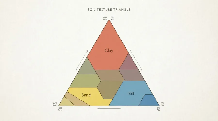Soil texture triangle diagram showing sand, silt, and clay percentages