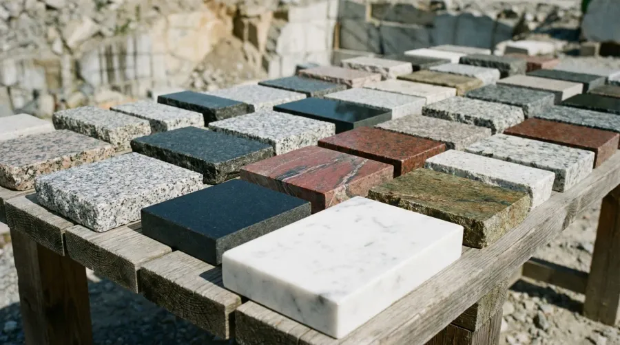 Granite stone samples showing different colors and textures