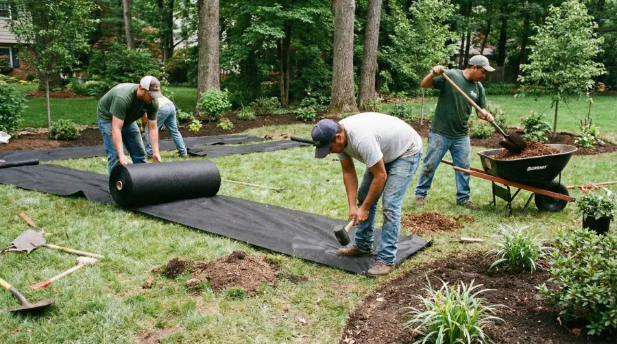 landscape fabric installation over grass