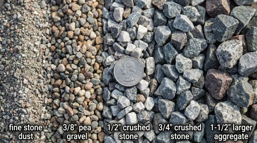 Close-up comparison of different crushed stone sizes with quarter for scale