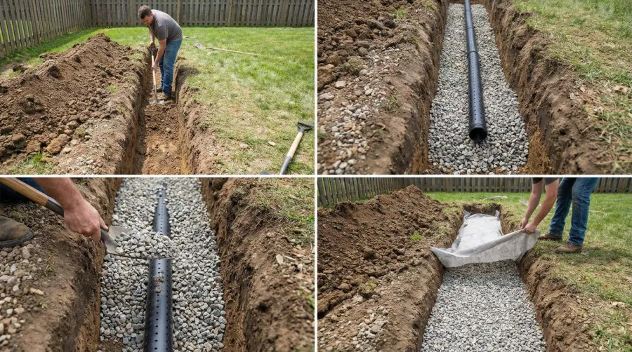Step By Step French Drain Installation Showing Gravel Placement Around Pipe