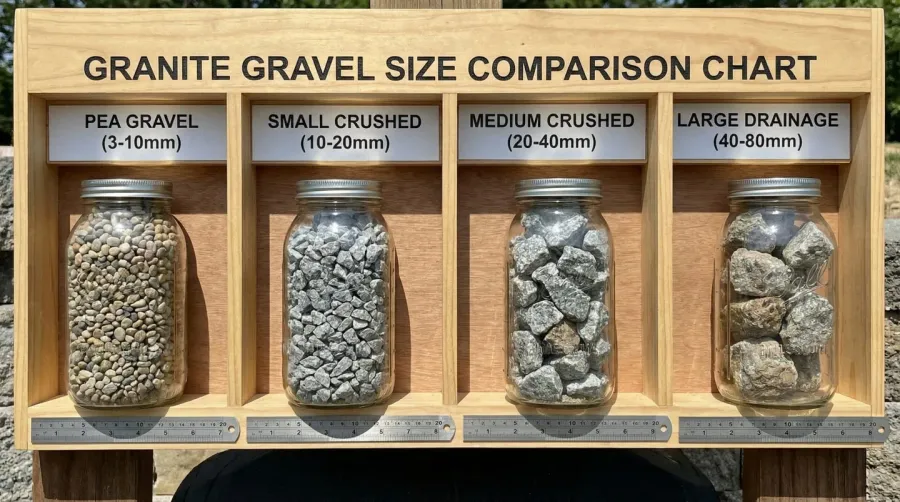 Granite gravel size comparison chart showing different sizes