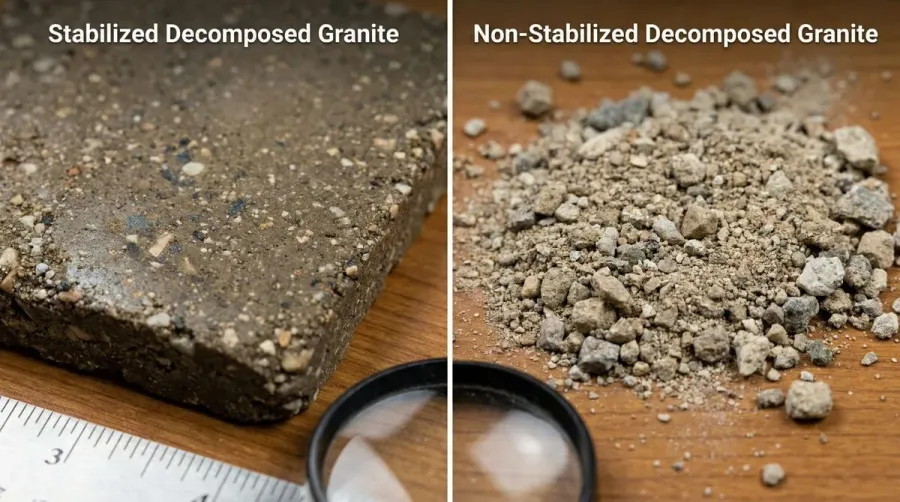 close-up comparison showing stabilized vs non-stabilized decomposed granite textures