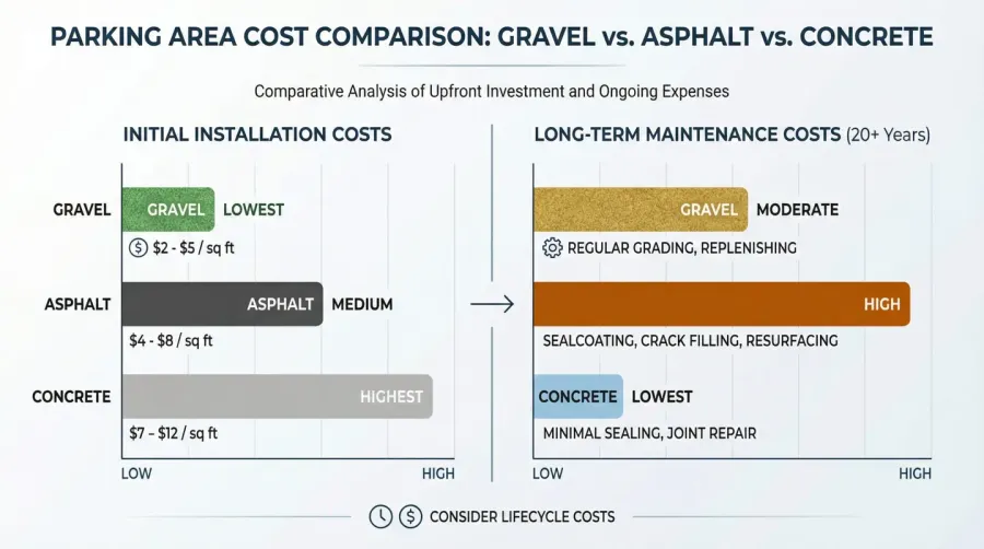 Cost comparison chart showing gravel vs asphalt vs concrete initial and maintenance costs