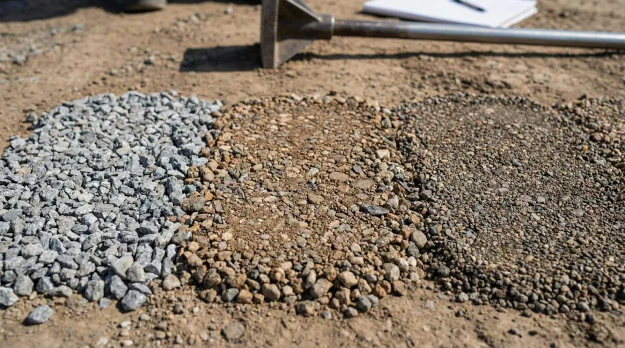 Various types of compacting gravel samples displayed on ground