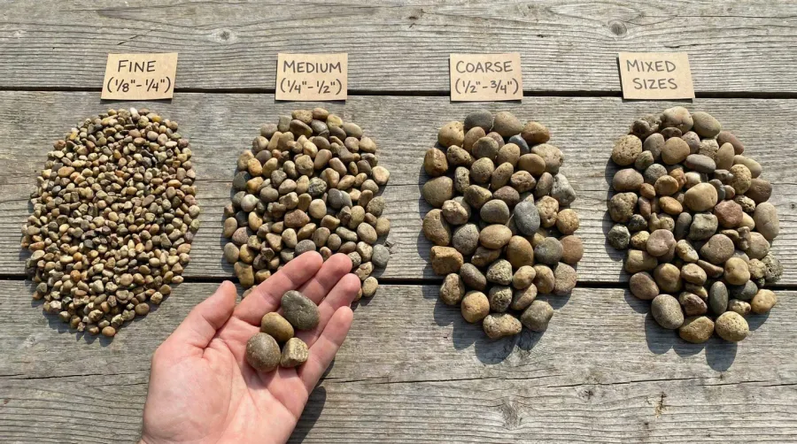 Close-up comparison of different pea gravel sizes showing 1/8 inch, 1/4 inch, and 3/8 inch stones