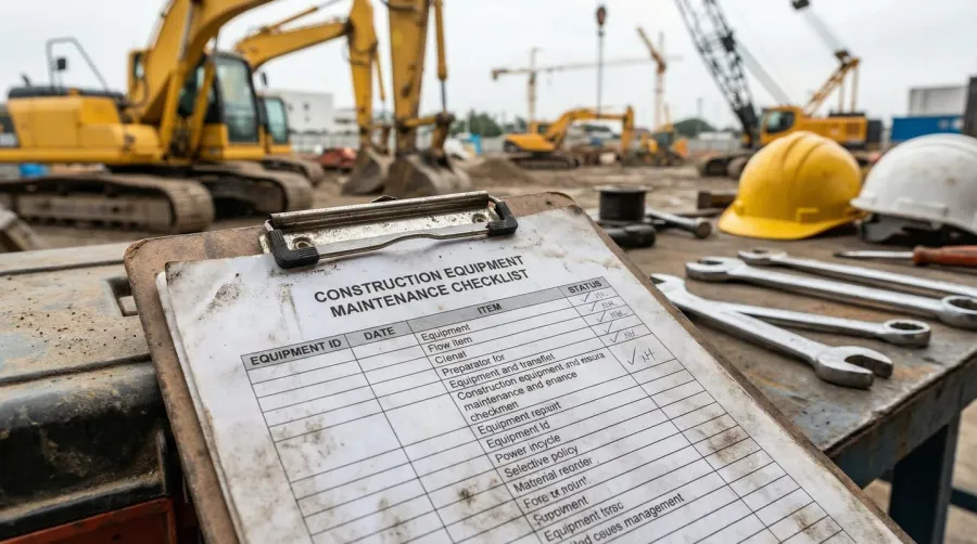 Construction equipment maintenance schedule checklist on clipboard