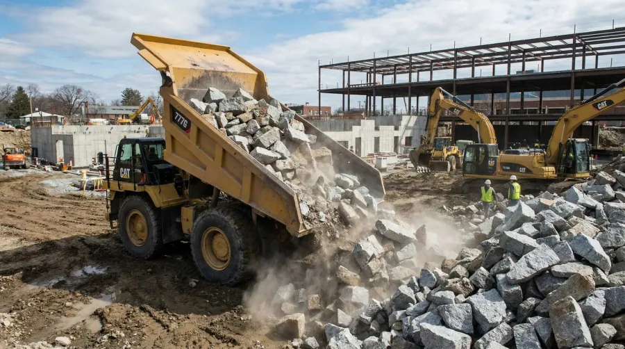 dump truck delivering rock to construction site