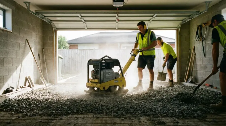 Garage floor installation compacting crushed concrete