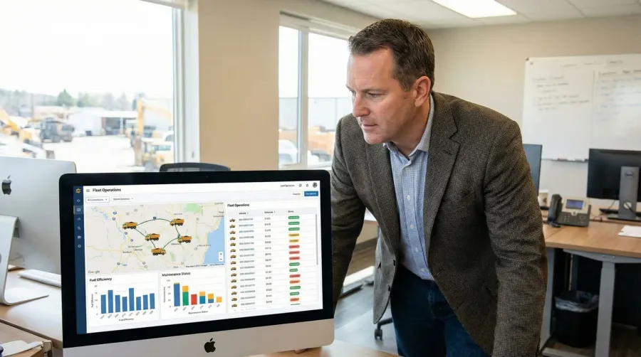 Fleet manager monitoring dump truck operations dashboard
