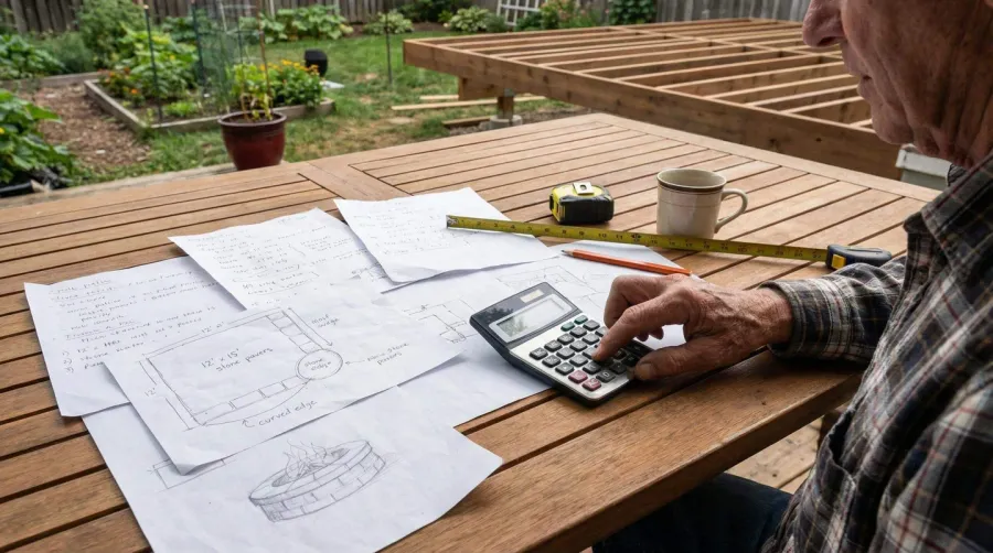 Person using calculator with patio measurements on paper
